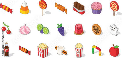 Assortment of colorful candies and treats in an isometric style.