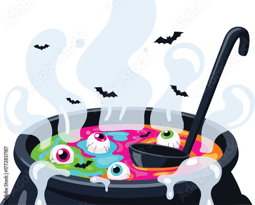 Halloween Cauldron Bubbling with Eyeballs and Bats.