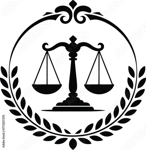 Symbol of justice and law scales of justice emblem with laurel wreath and decorative flourish
