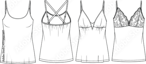 Technical fashion flats template drawing of women's camisole tank tops, including basic strap, crisscross back, bustier, and lace detail styles, vector illustration for apparel design.