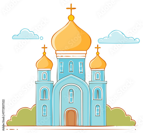 Hand Drawn Style Orthodox Church with Golden Domes and Crosses on Top in Cartoon Illustration