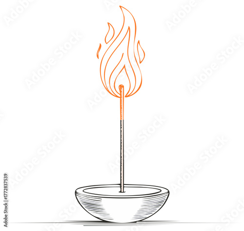 Incense stick with burning flame in bowl, sketch illustration, meditation and relaxation