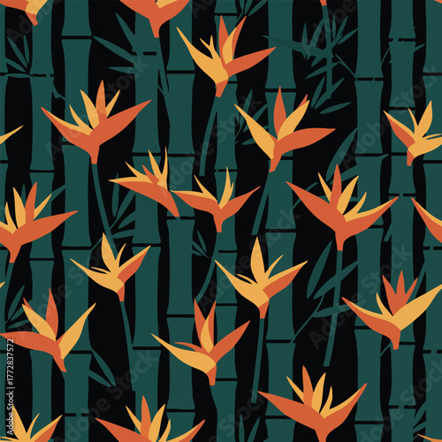 Tropical Bird of Paradise flowers and bamboo stalks pattern