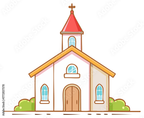 Simple cartoon church building with red steeple and cross design representing faith and community