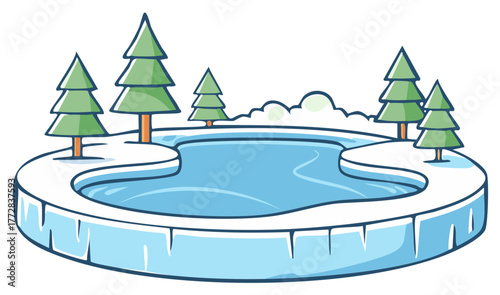 Cartoon winter landscape with frozen pond, snow-covered ground, and evergreen trees