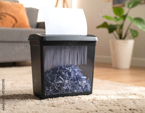 透明なシュレッダーで紙を細断する様子