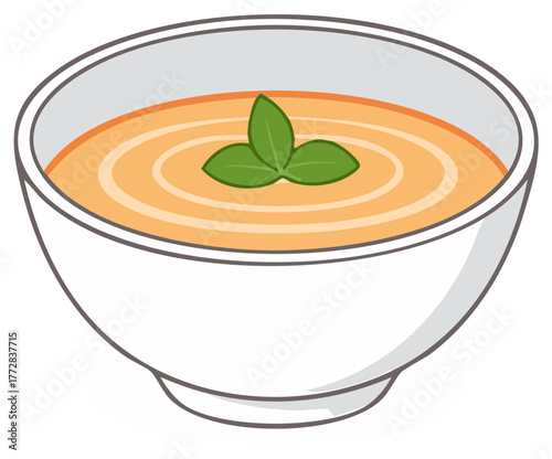 Bowl of creamy vegetable soup with a fresh basil garnish vector illustration