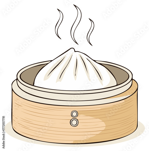 Steaming Soup Dumpling in Bamboo Steamer Basket Ready to Serve Fresh Hot Dumplings Illustration