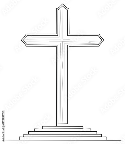 Cross on Steps Simple Black and White Illustration Symbol of Faith and Religion Isolated on White Background