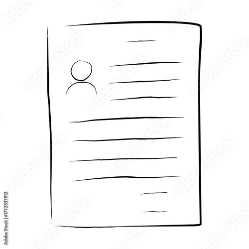 Simple hand drawn sketch of a document page with a profile icon and text lines. Minimalist outline illustration for resume, personal data, ID form, or contact information themes.