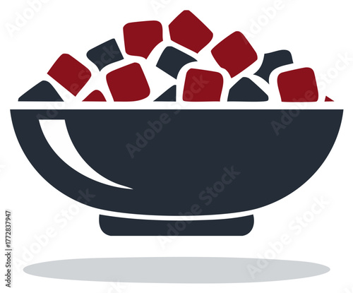 Stylized bowl filled with cubed food items in red and dark blue colors