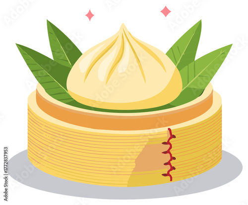 Traditional Asian dim sum bao bun dumpling presented in a natural bamboo steamer basket with green leaves