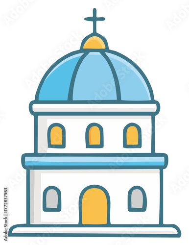 Cartoon Church Building with Blue Dome and Cross Religious Architecture