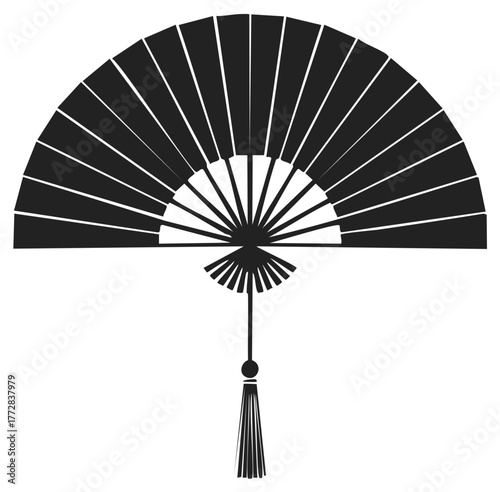 Elegant Black Folding Fan with Tassel in Stylized Design, Represents Japanese Culture