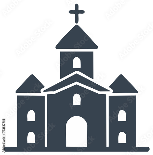 Christian Church Building Icon with Cross Silhouette, Religious Architecture Vector Symbol