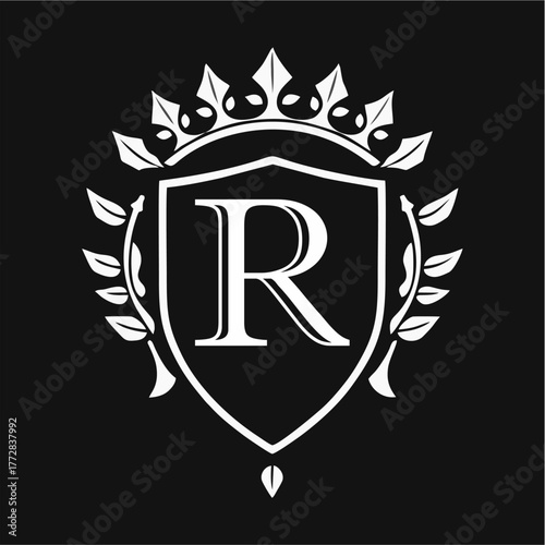 Abstract Artistic Alphabet A-Z Royal Shield Emblem with Crown and Laurel Wreath in Elegant Vector Design for Luxury Branding, Prestige Identity, and Zenith Heritage Style