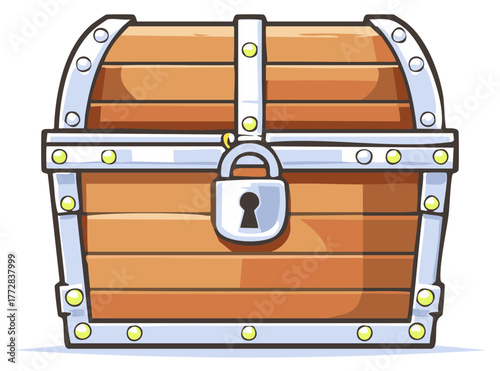 Cartoon wooden treasure chest with a metal padlock Treasure box cartoon illustration with decorative metal details and rivets