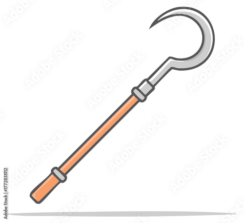 Wooden fruit picking tool, picker illustration with a curved sickle, fruit harvest equipment, long handle tool