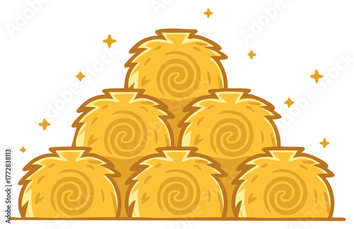 Cartoon Hay Bales Stacked in a Triangle Shape with Sparkling Star Decorations for Agricultural Theme Designs