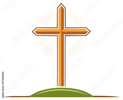 Stylized Christian cross on a green hill with light rays symbolizing faith hope and salvation