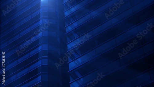 Abstract view of a modern building facade with geometric patterns in shades of deep blue color