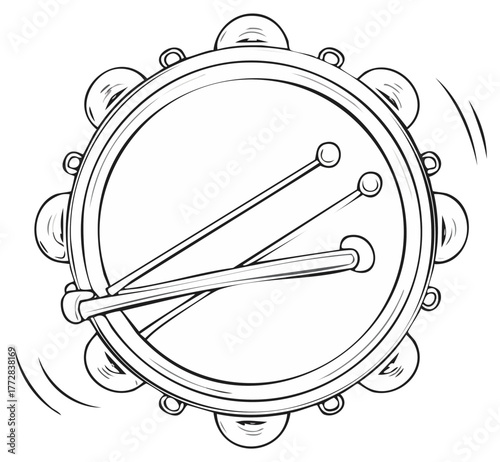 Illustration of a tambourine with sticks being played creating a shaking motion