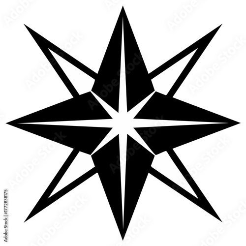 Geometric compass rose symbol. Black eight-pointed star icon for navigation and direction.