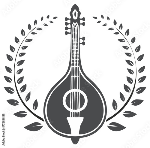 Stylized Mandolin or Oud Instrument with Classical Laurel Wreath Emblem