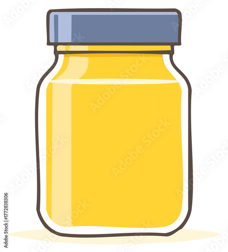 Simple cartoon illustration of a glass jar filled with honey or yellow jam with a sealed lid