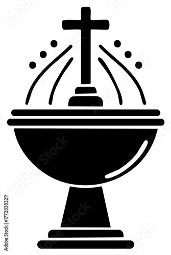 Stylized Christian Baptismal Font Icon with Cross and Holy Water Spray