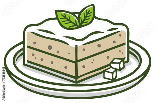 Stylized slice of cake with mint leaves and sugar cubes on a plate