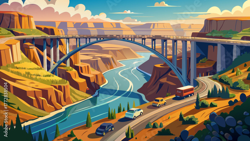 Very beautiful aerial view of Perrine Bridge in Twin Falls, Idaho, USA, spanning the deep Snake River Canyon with cars driving across, surrounded by rugged cliffs and natural scenery.