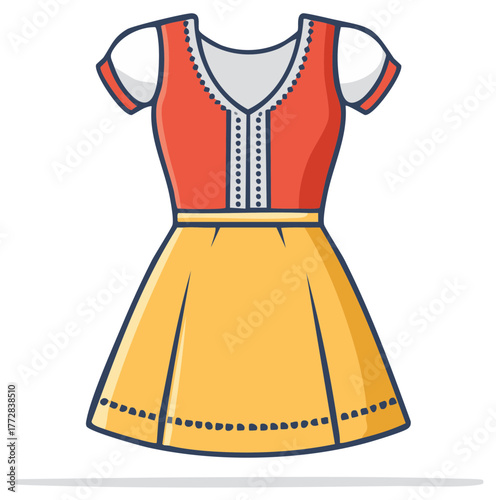 Cartoon illustration of a colorful, decorative dress with a yellow skirt.
