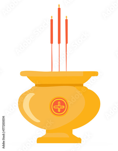 Golden incense burner with three burning red candles for an Asian spiritual ritual