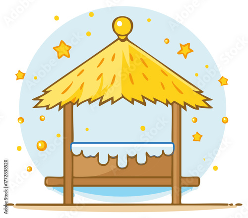 Whimsical thatched gazebo with starry sky and floating orbs