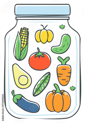 Assortment of vibrant nutritious vegetables inside clear glass container illustration