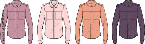 Collection of varied colored long-sleeved women's shirts, showcasing modern casual fashion designs with detailed technical illustrations for apparel development and style concepts