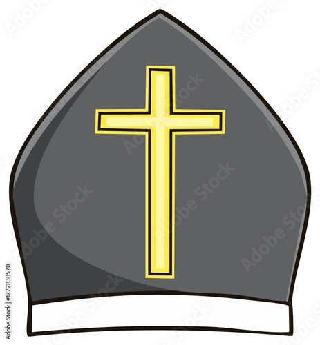 Stylized gray bishop mitre hat with prominent golden Christian cross symbol cartoon illustration