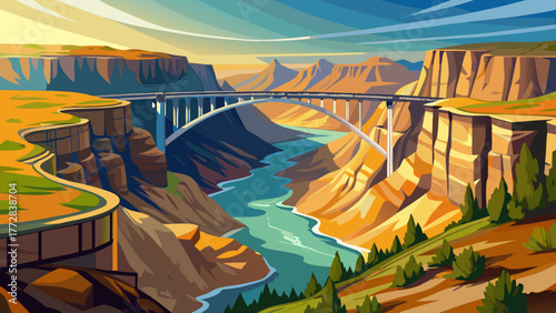 Very beautiful aerial view of Perrine Bridge in Twin Falls, Idaho, USA, spanning the deep Snake River Canyon with cars driving across, surrounded by rugged cliffs and natural scenery.