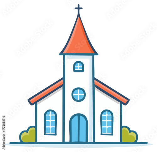 Simple Doodle Illustration of a Christian Church with a Red Roof and Steeple