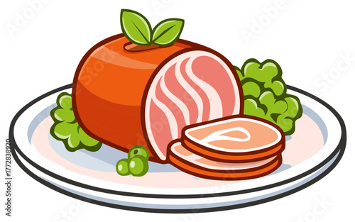 Cartoon Style Meat Loaf Illustration Served on Plate with Garnish and Slices