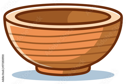 Simple cartoon bowl with horizontal stripes and a wide rim, cast shadow, flat design
