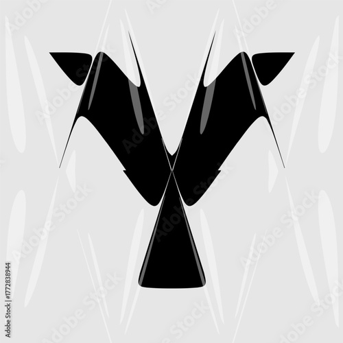 Abstract distorted letter Y with liquid glass refraction effect. Modern black and white design featuring bold typography warped through optical distortion and glossy prism reflections.