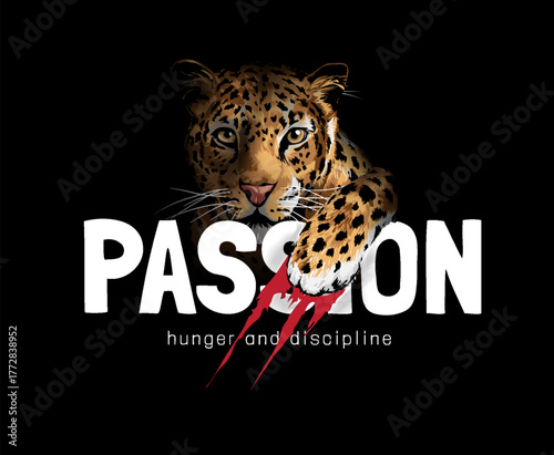 passion slogan with leopard in the shadow vector illustration - drawn by hand 