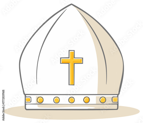 White bishop's hat with gold cross and embellishments a religious symbol