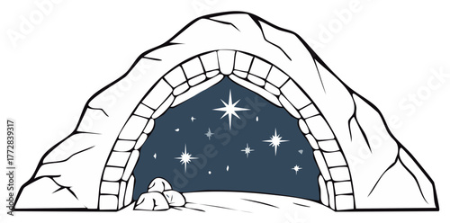 Empty stone nativity grotto opening to a magical and peaceful starry night sky