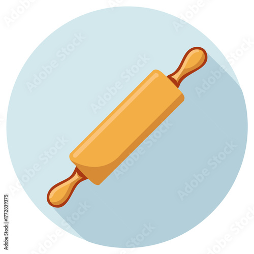 Flat design illustration of a wooden rolling pin with handles on a light blue circle background