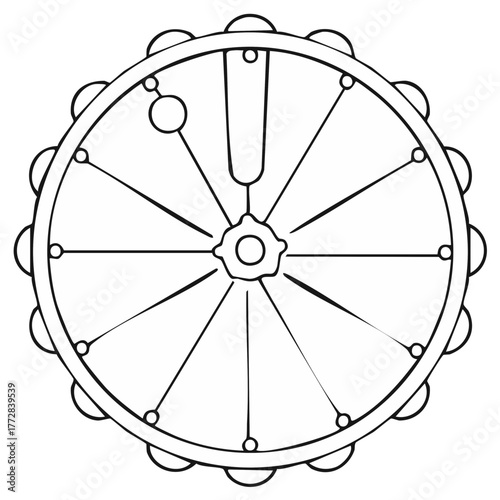 Stylized mechanical wheel with spokes and a circular rim adorned with cymbals