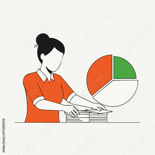 Female office worker stacking documents at desk.