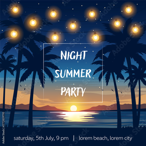 Summer night party poster with palm tree silhouettes, glowing lights, and sunset by the sea. Tropical beach event invitation design in a stylish vector illustration.